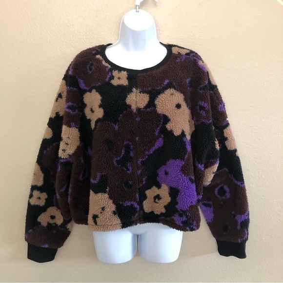 BP Women’s Black Brown Pressed Floral Teddy Bear Cropped Sweatshirt Plus Size 3X - Picture 1 of 9